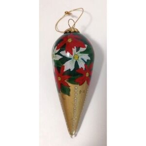 Vintage Hand Blown Glass Ornament Inverted Hand Painted Poinsettia Marked